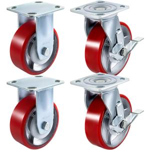 VEVOR Caster Wheels Set of 4, 6" Heavy Duty Casters (2 Rigid and 2 Swivel Casters with Side Brake) Polyurethane Iron Core Plate 4000LBS Capacity