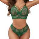 Avidlove Lingerie Set Women's Sexy Lingerie 2 Piece Lace Sheer Underwear Bra and Tie-Strap Panties Set Green, Small