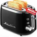 Mueller Retro Toaster 2 Slice with 7 Browning Levels and 3 Functions: Reheat, Defrost & Cancel, Stainless Steel Features, Removable Crumb Tray