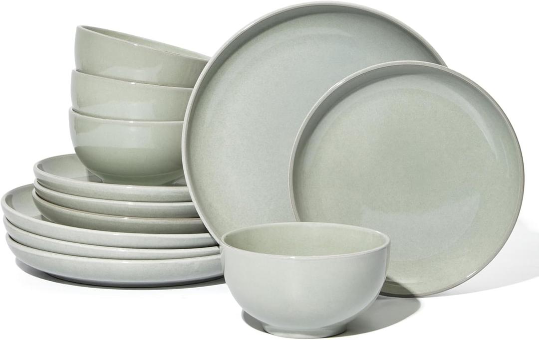 Pokini Santorini Mist Terracotta Reactive Glaze Plates and Bowls Sets, Stoneware Dinnerware Sets, Microwave and Dishwasher Safe Ceramic Dish Set Service for 4, Slate Green