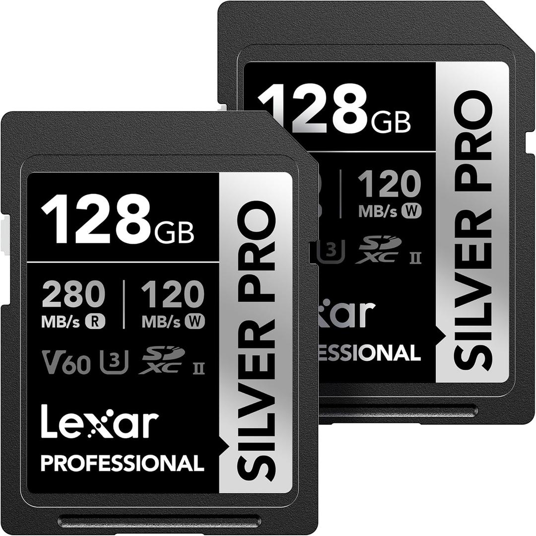 Lexar 128GB (2-PK) Professional Silver PRO SD Card, UHS-II, C10, U3, V60, Full HD, 4K, up to 280MB/s Read SDXC Memory Card, for Photographer, Videographer, Enthusiast (LSDSIPR128G-B2NNU)