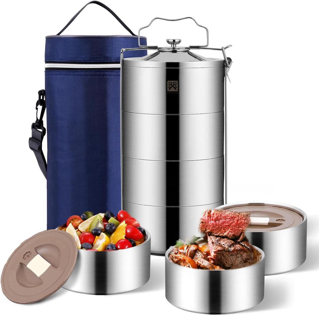 GOLDEN KEY 80oz Stainless Steel Stackbale Lunch Box for Adult, 4-Tier Insulated Food Container, Leak-Proof & Stackable Large Capacity Metal Bento Box with Lunch Bag, (80OZ, Silver)