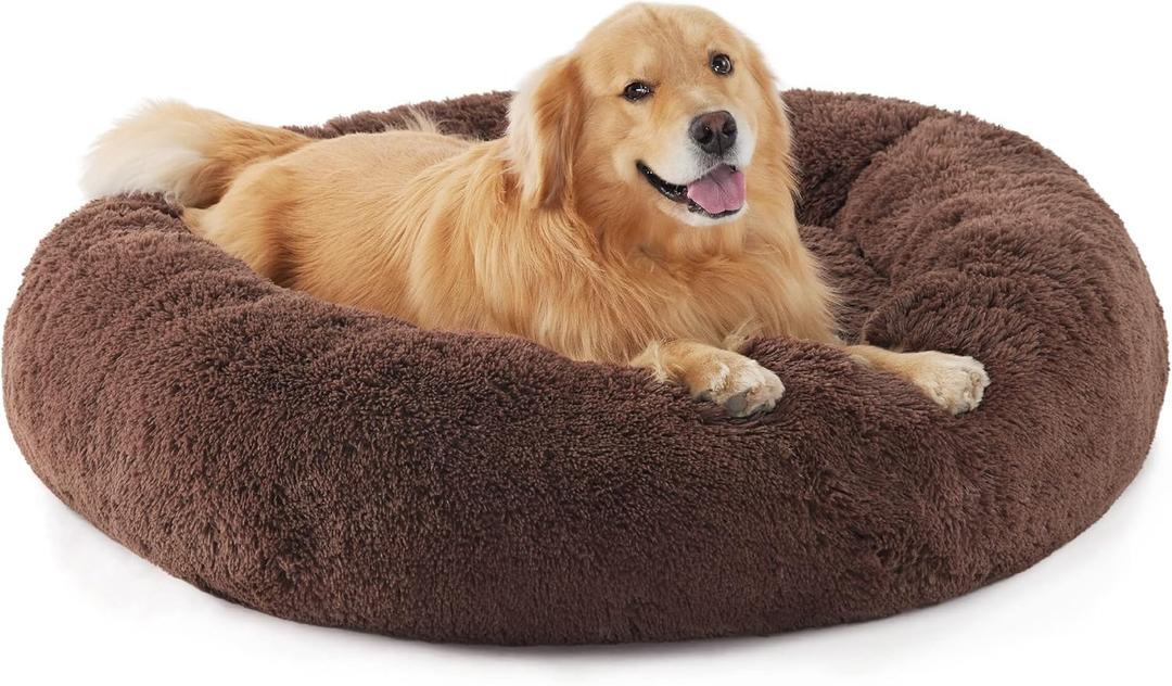 Bedsure Calming Dog Bed for Extra Large Dogs - Donut Washable Large Pet Bed, Anti-Slip Round Fluffy Plush Faux Fur Dog Bed, Fits up to 125 lbs Pets, Brown, 45 inches (Coffee)
