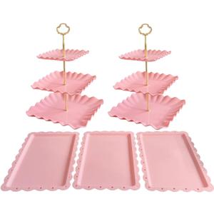 5 Pcs Cupcake Stand Set - Pink Plastic Dessert Table Display Set, 2x Pink Square 3 Tier Cupcake Display Stands Cookie Tray Rack Serving Tower & 3x 14 in Plastic Trays for Wedding Baby Shower Tea Party