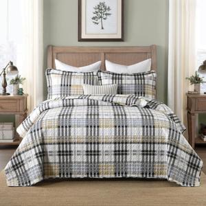Quilts Queen Size, 100% Cotton Queen Size Comforter Set, Brown Black Grey White Striped Bedding Sets, Plaid Queen Bedspread,Brown Gingham Comforter Set Lightweight Reversible All Season 3 Piece