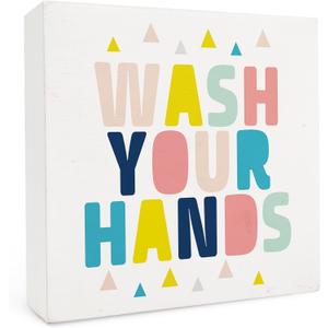 Kids Bathroom Decor - Wash Your Hands Wooden Box Sign 5x5, Toddler Boy Girl Bathroom Decor, Bathroom Decor for Kids, Colorful Bathroom Decor, Bathroom Shelf Decor