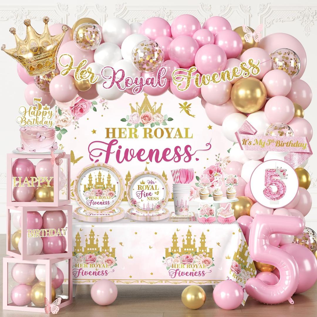 299pcs Princess 5th Birthday Decorations, All-in-One Set for 25 Guests | Easy setup, Includes candle, sash, tableware, backdrop, banner, balloon arch, and more for girls 5th birthday