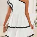 ZESICA Women's 2025 Summer One Shoulder Dresses Ruffle Short Sleeve Tiered Layered Swing A Line Mini Sundress (M)