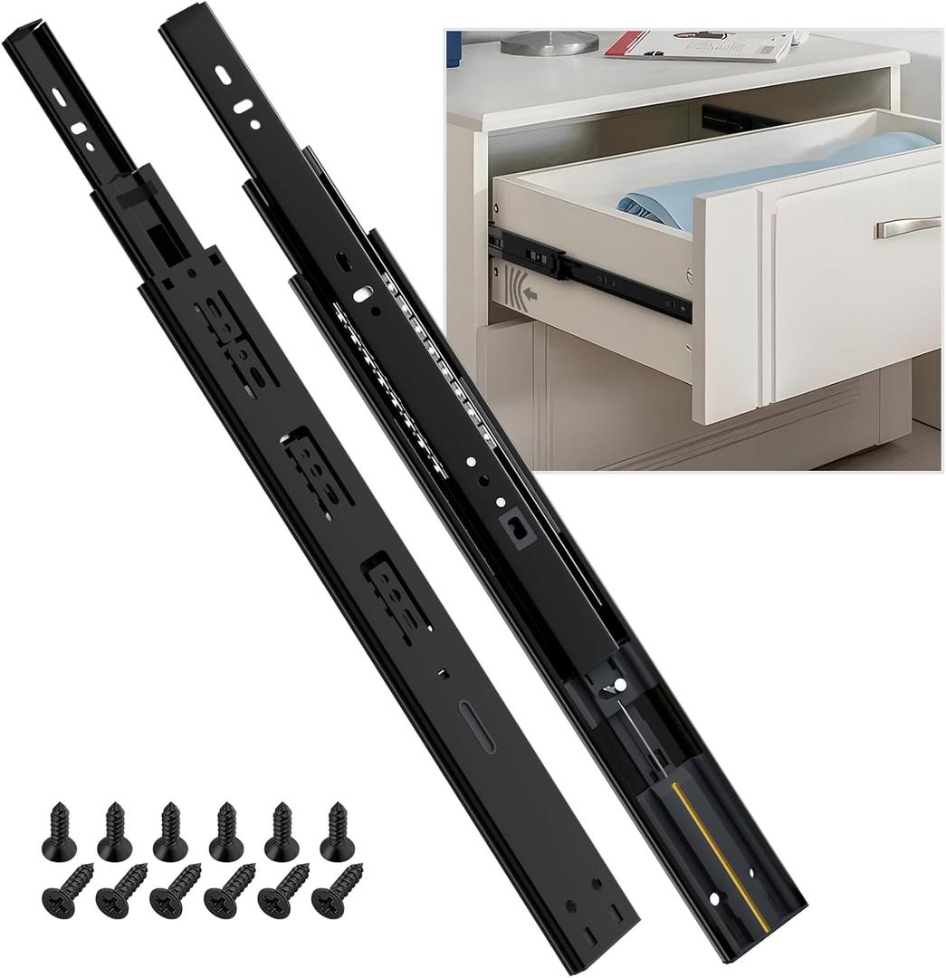 SHUHANG 1 Pair Soft Close Drawer Slides Rail 24 Inch Ball Bearing Full Extension 100 LB Capacity Heavy Duty Kitchen File Cabinet Dresser Trash Can Side Mount Glide Guide Track Black