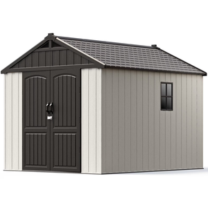 Patiowell 8x10 FT Plastic Shed Outdoor Storage Shed with Floor, Resin Garden Tool Shed Lockable Door & Two Windows for Patio, Backyard, Bike & Organizer, Beige