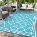 Garvee 9x12 Outdoor Rug, Large Waterproof Patio Carpet Reversible Plastic Straw Mat for Deck Backyard Balcony RV Camping, Easy Clean Outdoor Mat,Light Blue/White