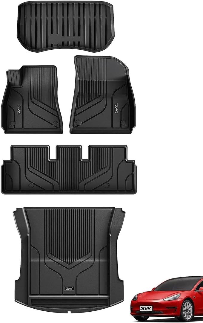 3W All-Weather TPE Floor Liner - Full Set Black Floor Mats and Cargo Liner Mat Custom Fit for Tesla Model 3 2021-2023