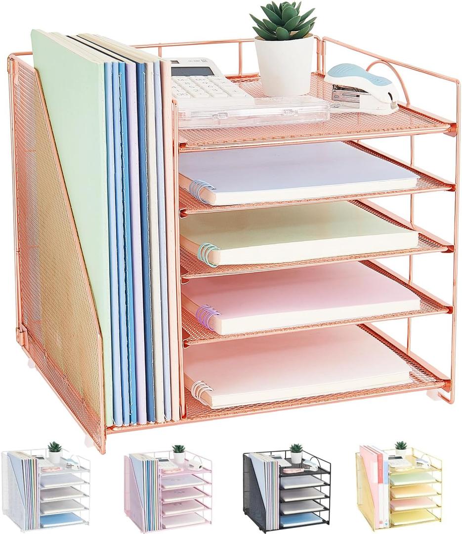 LEKETREE Desk Organizers and Accessories, 5-Tier Paper Letter Tray Organizer with File Holder, Desktop Organizer for Office Supplies (Rose Gold) (12" x 12" x 12")