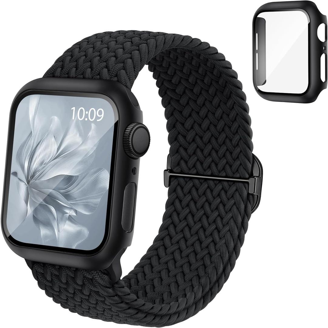 Braided Stretchy Band Compatible for Apple Watch Band and Case 40mm 41mm 42mm 44mm 45mm 46mm, Nylon Elastic Solo Loop and Protective Cover with Screen Protector for iWatch Series 11 10 9 8 7 SE 6 5 4 (Black)