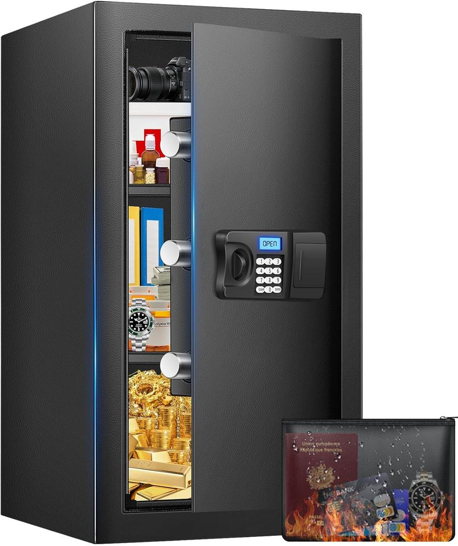 23.62'' Tall Safe Box, 4.3 Cuft Home Safe with Fireproof Waterproof Bag, Anti-Theft Digital Security Safes with Smart Alert System, Removable Shelf, Mute Function, Document Safes for Money Jewelry
