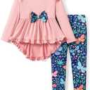 PATPAT Toddler Kids Girls 2Pcs Clothes Set Bowknot Design Ruffle Hem Long Sleeve Top and Floral Print Pant Outfits Size 4-5
