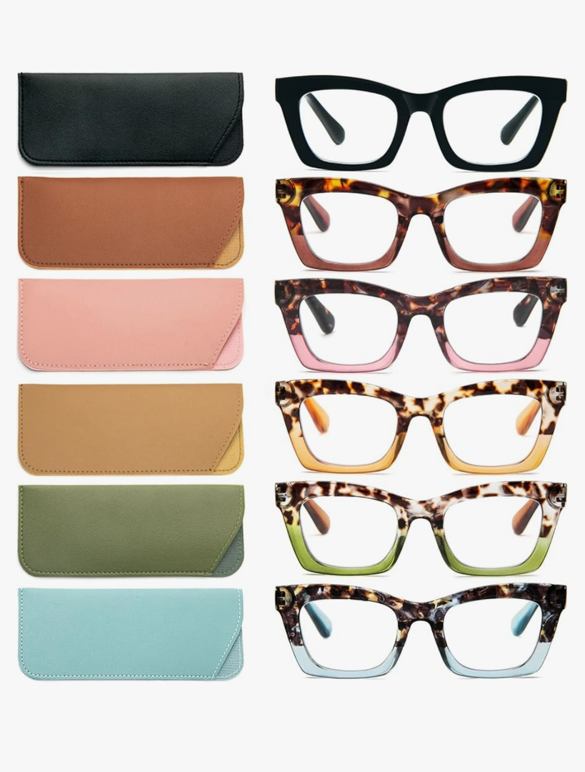 REAVEE 6 Pack Oprah Style Reading Glasses for Women Blue Light Blocking, Cute Square Computer Readers with Spring Hinge, +1.25