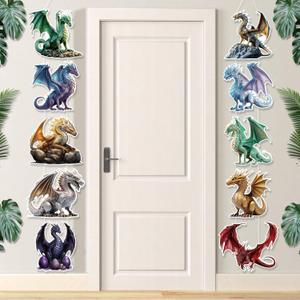 Dragon Birthday Party Decorations for Kids 10 Pcs Dragon Door Banner Hanging Banner Watercolor Fantasy Dragons Knight Porch Sign for Dinosaur Theme Birthday Baby Shower Party Supplies (Multicolor)