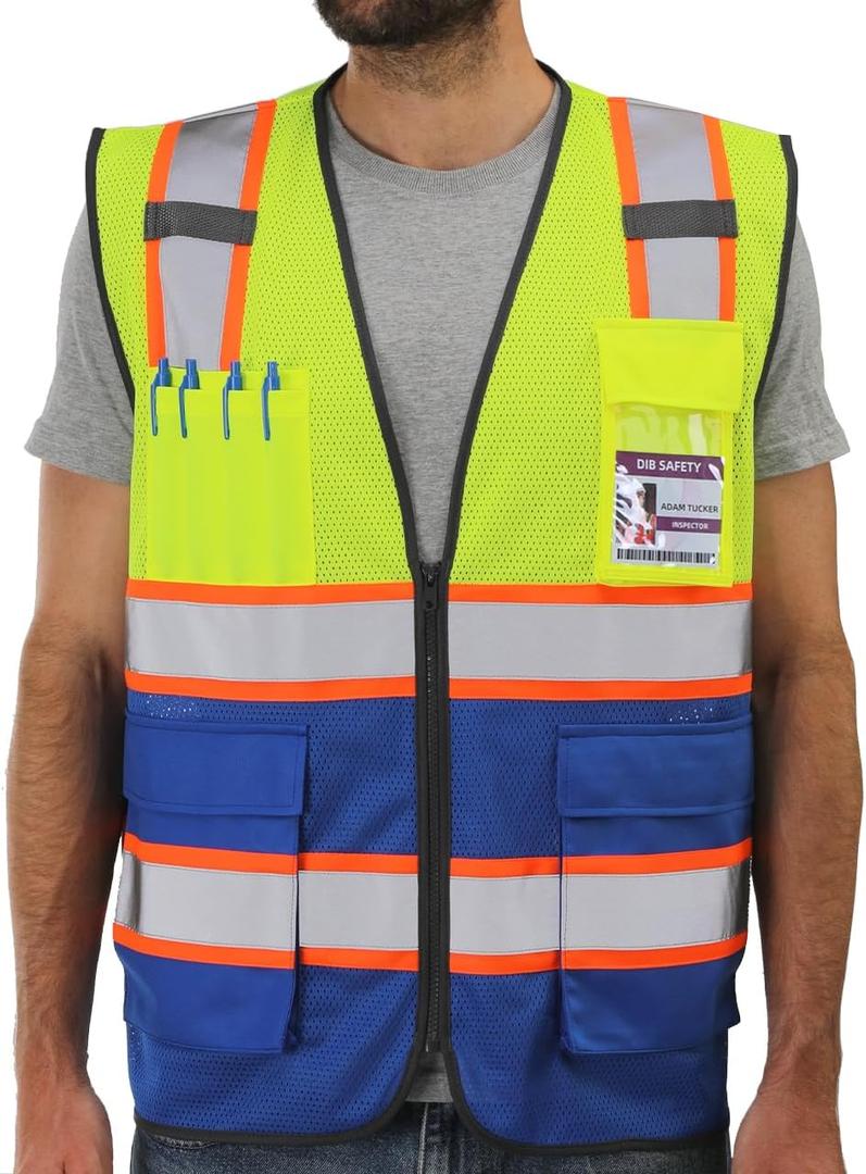Dib Safety Reflective Mesh Vest High Visibility Two Tone with Pockets and Zipper, Yellow and Blue Mesh with Orange Trim M