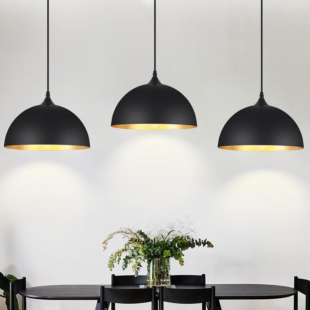 3 Pack Black Pendant Lights for Kitchen Island 11.8" Modern Pendant Lighting Fixtures Farmhouse Vintage Hanging Ceiling Light Fixture for Dining Room Foyer Hallway Bar Cafe Kitchen Sink Matte Dome