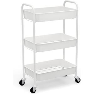 CAXXA 3-Tier Rolling Metal Storage Organizer - Mobile Utility Cart Kitchen Cart with Caster Wheels, White