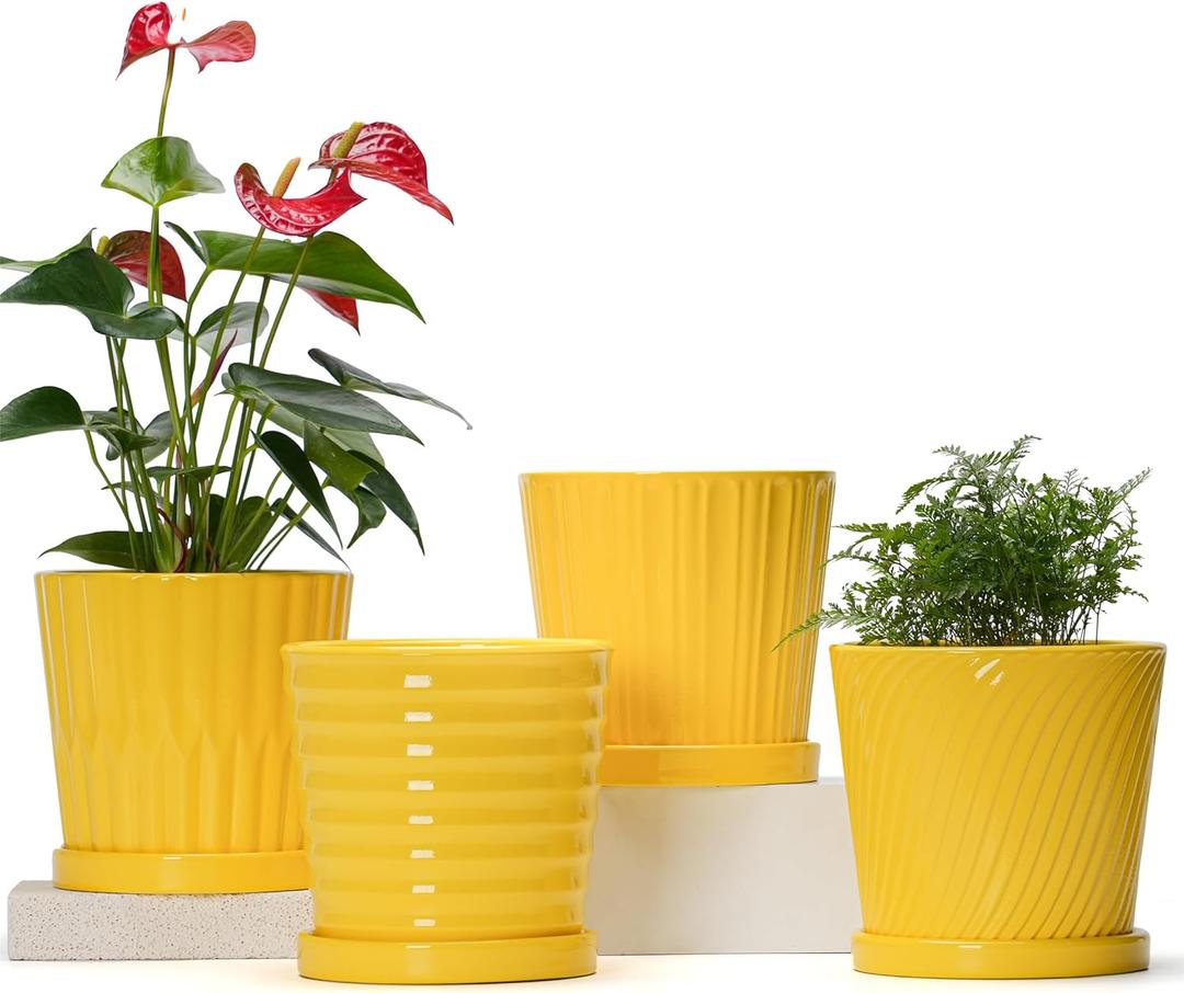 Ton Sin Plant Pots, 6 Inch Flower Pots for Plants,Ceramic Planter with Drainage Holes,Indoor Planter Pots with Saucer,Outdoor Garden Pots (Yellow, 3 Pack)
