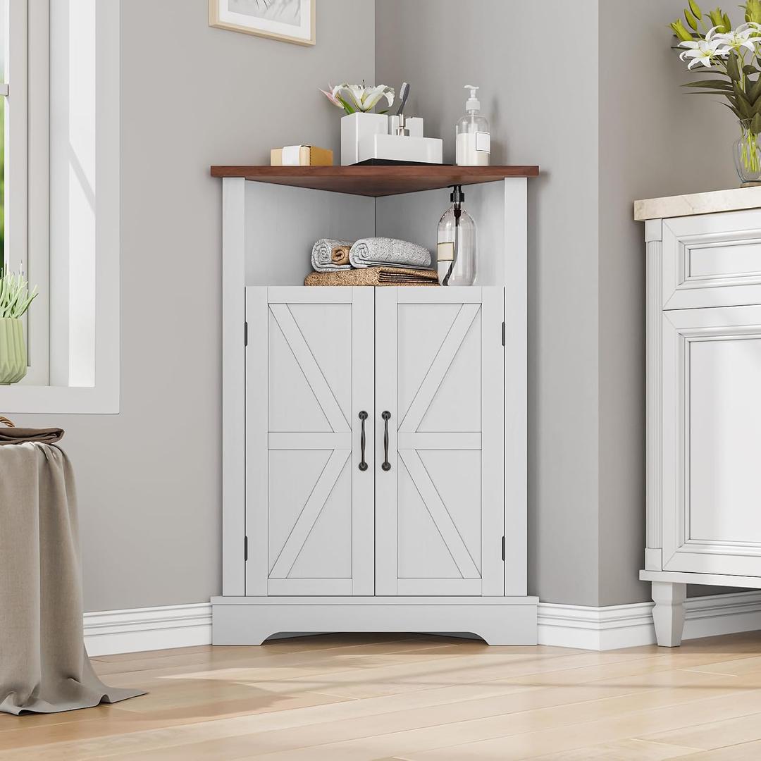 Bathroom Corner Cabinet,Farmhouse Floor Corner Cabinet with Doors and Adjustable Shelves, Freestanding Wooden Storage Hutch Cupboard for Bathroom, Kitchen, Living Room, White, 12.2"D x 23.4"W x 34"H