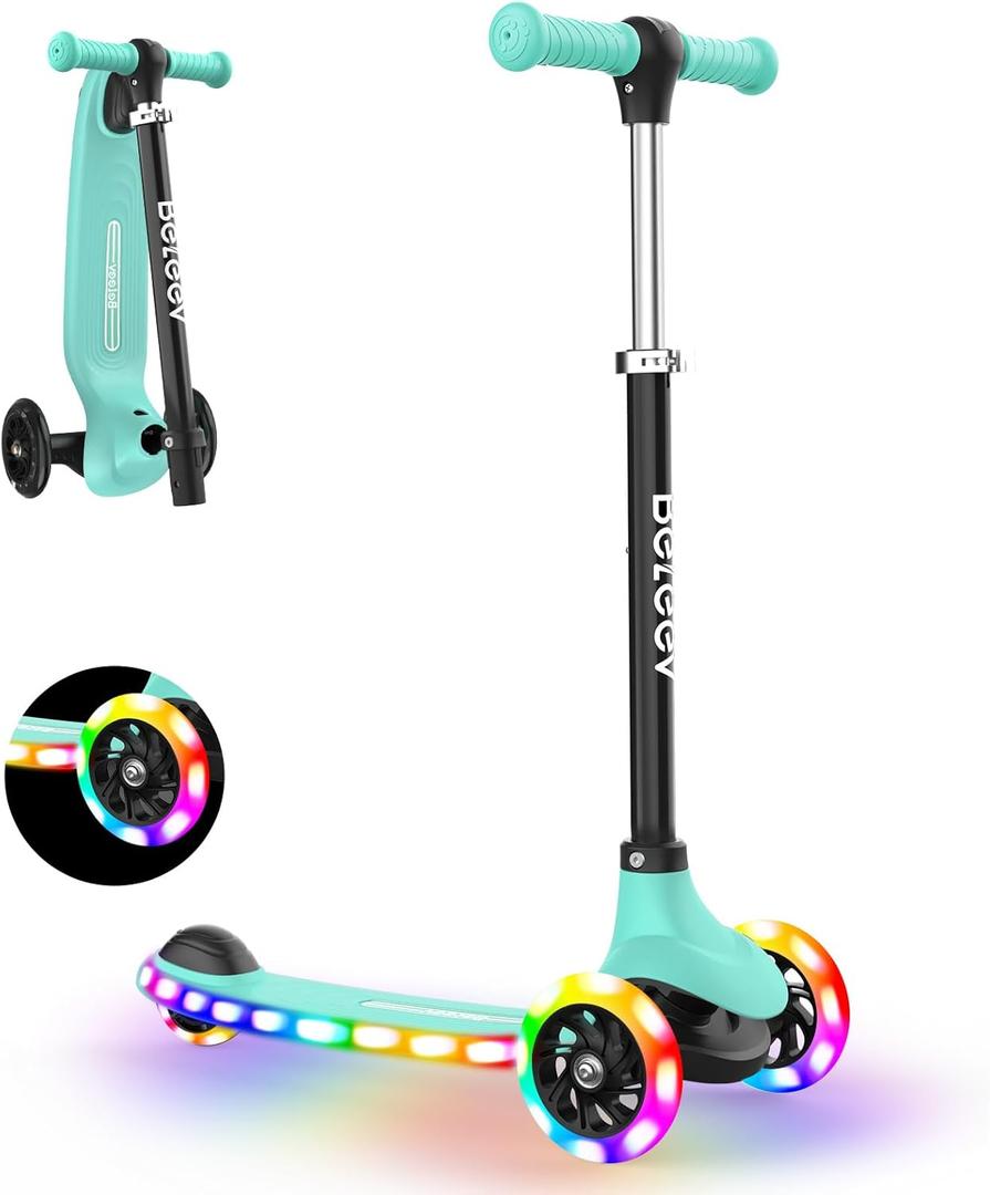 BELEEV A6 Kids Scooter with LED Light-Up Wheels & Deck, 3 Wheel Kick Scooter for Toddlers Girls Boys Ages 3-8, 4 Adjustable Handlebar, Lean to Steer, Non-Slip Deck, Lightweigh Scooter for Children (Green)