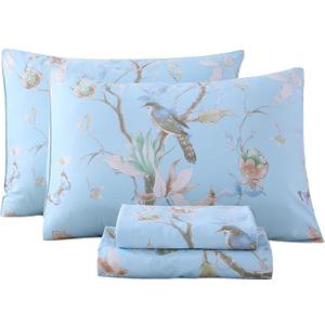 RYNGHIPY Egyptian Cotton Bed Sheet Set Blue Bird Botanical Pattern Bed Sheets Deep Pocket Fitted Sheet Tree Branches Print Bedding Soft Breathable (Light Blue,Queen Size)