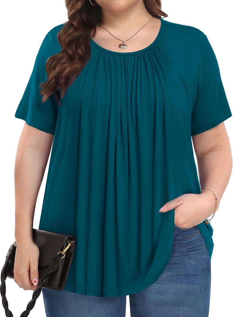 Womens Plus Size Tops Summer Shirts Tunic Short Sleeve Crew Neck Loose Fit Blouse 1X-5X (Aqua Green, 5X)