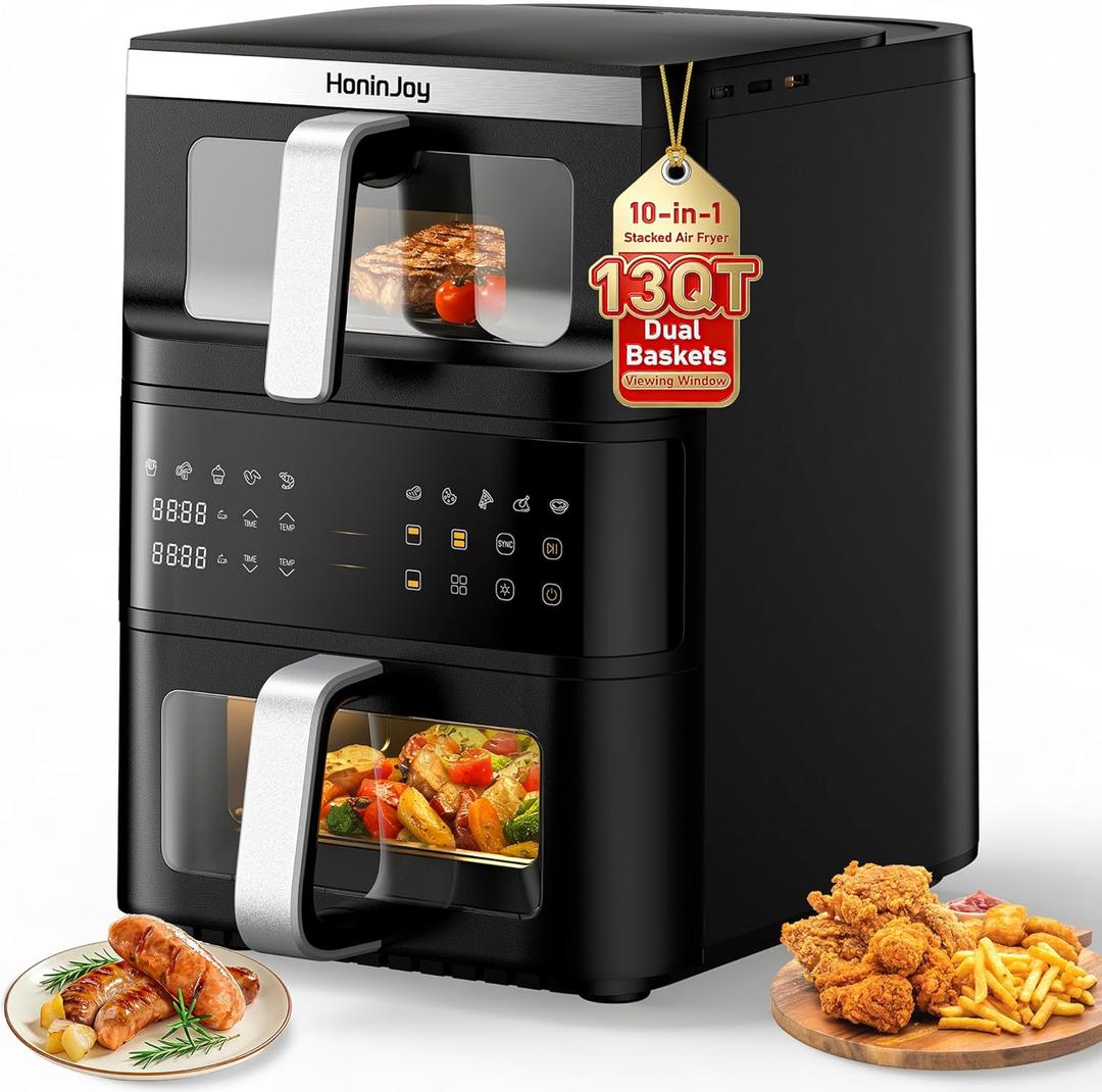 13QT Vertical Compact Dual Basket Air Fryers with Viewing Window, 4.5+8.5Quart