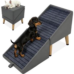 17.3"H Dog Ramps & Stairs, Foldable 2-in-1 Wooden Pet Stairs & Steps & Ottoman, Solid Wood Anti-Slip & Premium Leather Material Pet Ramp, Split Ottoman Design, Pet Steps for Puppy Senior Injured Dogs