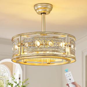 Caged Ceiling Fan with Light and Remote, 19" Vintage Crystal Fandelier, Gold Bladeless Ceiling Fan, Low Profile Ceiling Fan for Bedroom, Farmhouse Chandelier Fan for Living Room
