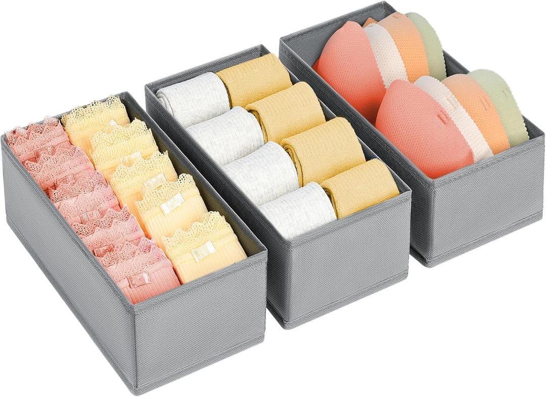 DIMJ Drawer Organizer Clothes - Small Dresser Organizer Underwear Drawer Organizer for Baby Clothes, Socks, Underwear, Bra, Belt, Tie - Grey (Set of 3)