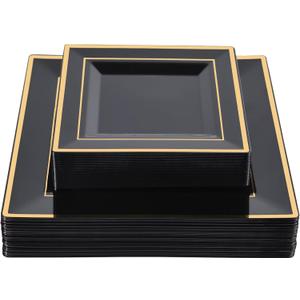 N9R 60 Pack Black Square Plastic Plates with Gold Rim Include 30 Disposable Dinner Plates 9.5 Inch and 30 Dessert Plate 6.5 Inch, Fancy Plate for Wedding, 50th Birthday and Graduation Parties