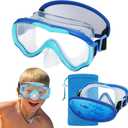 Swim Goggles Kids 6-14, Diving Mask No Tangle StrapWater Goggles Nose Cover for JR / Youth (1PK - Blue & Blue)