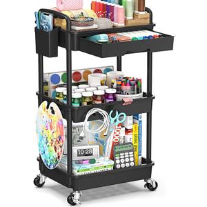 EaseSky Rolling Utility Cart with Drawer 3 Tier, Utility Storage Organizer with Plastic Shelf & Lockable Wheels Multifunctional Storage Cart for Kitchen, Bathroom, Office, Living Room, Black