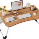 Lap Desk Bed Trays for Eating and Laptops Breakfast in Bed Tray for Sofa/Couch/Study/Reading/Writing with Cup Holder/Drawer On Low Sitting Floor Large Portable Foldable (Walnut Beige)