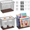 Wall Hanging Baskets 3 Pack, Large Diversified Wire Basket Shelves of Wooden Style, with Wall Mounted Metal Hooks & Traceless Stickers, for Kitchen Coffee Bar Office Room Garage Storage Organization