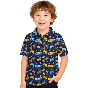 Boys Golf Polo Shirts Short Sleeve - Fun Hawaiian Performance Polo Shirt, Summer Casual Active Tops for Kids Age 7-14 (Blue)