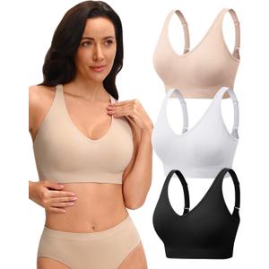 Evercute Womens V Neck Bras 3 Pack Adjustable Wireless Supportive No Underwire Bras Padded Comfort Bralette for Everyday, XL