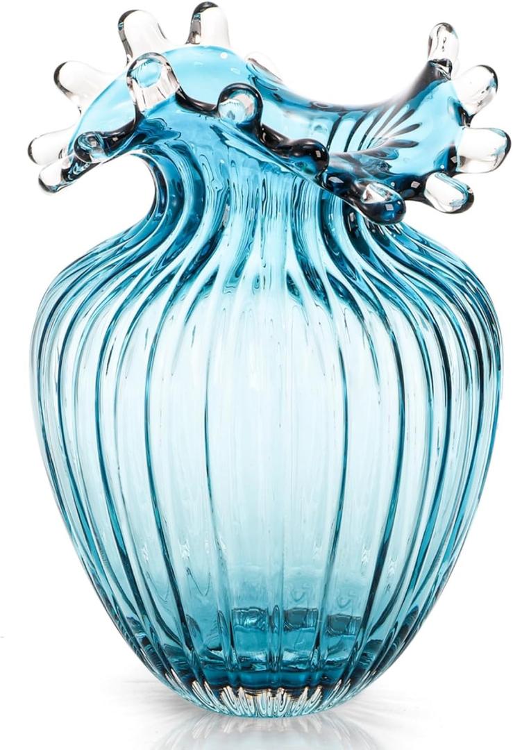Hand Blown Glass Vase, Modern Art Decorative Blue Vase for Flower Plants, Unique Bubble Waves Mouth Vase for Home Decor, Living Room Centerpieces, Table Bouquet, Wedding Decoration