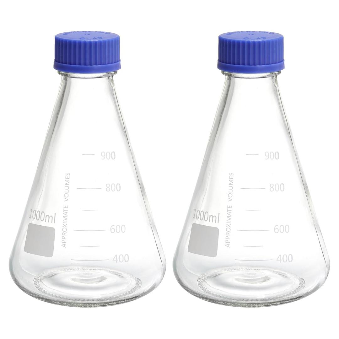 PATIKIL Erlenmeyer Flask, 2 Pcs 1000ml Narrow Mouth Graduated Flasks with Screw Cap Borosilicate Glass Flasks with Printed Graduation for Lab, Experiment, Chemistry, Science Study
