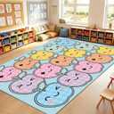 Dunzy 12x7.6 ft Pastel Apple Face Classroom Rug, Rainbow Smileys Educational Area Carpet for Classroom Elementary,Back to School Decor Large Kawaii Rug for Kindergarten Daycare Room Teaching Playroom