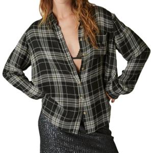 Lucky Brand Women's Cloud Plaid Boyfriend Flannel Shirt (X-Large, Black Plaid)
