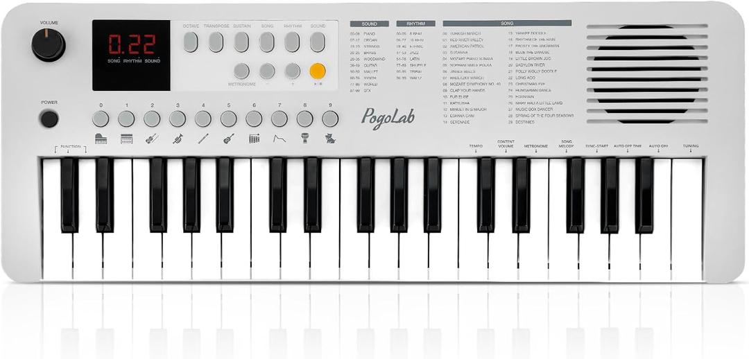 POGOLAB MK1 37 Keys Kids Keyboard Piano, Mini Portable Multi-Function Piano with Excellent Sound Quality, Built-In Speaker & LED Display, Small Electric Music Keyboard Gift for Beginners (White), Compact