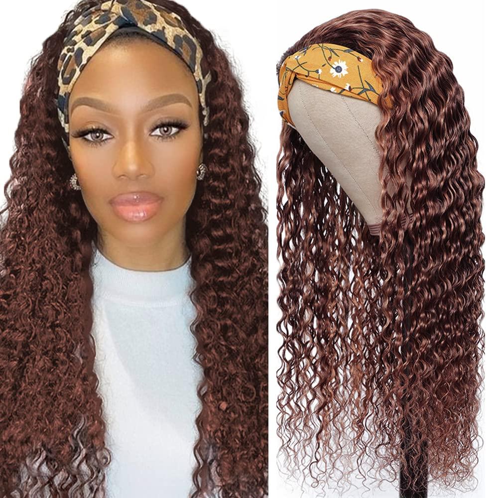 16 Inch #4 Brown Headband Wig Human Hair Water Wave Chocolate Brown None Lace Front Wigs 150% Density Unprocessed Brazilian Virgin Hair Machine Made Wig