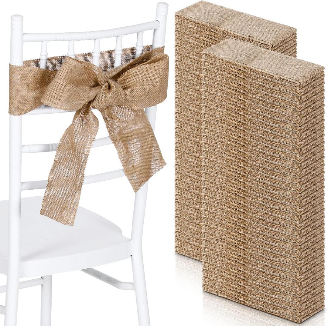 SmoothNovelty 24 Pcs Burlap Chair Sashes for Wedding Natural Jute Bow Ribbon Ties for Rustic Country Wedding Decoration Farmhouse Vintage Party Reception Birthday Anniversary Banquet, 3.9inch x 7.87ft