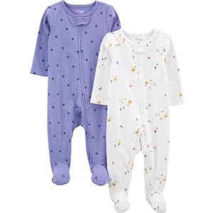 Simple Joys by Carter's Baby Girls' Cotton Footed Sleep and Play, Pack of 2 (Preemie, Purple Polka Dot/White Ducks)