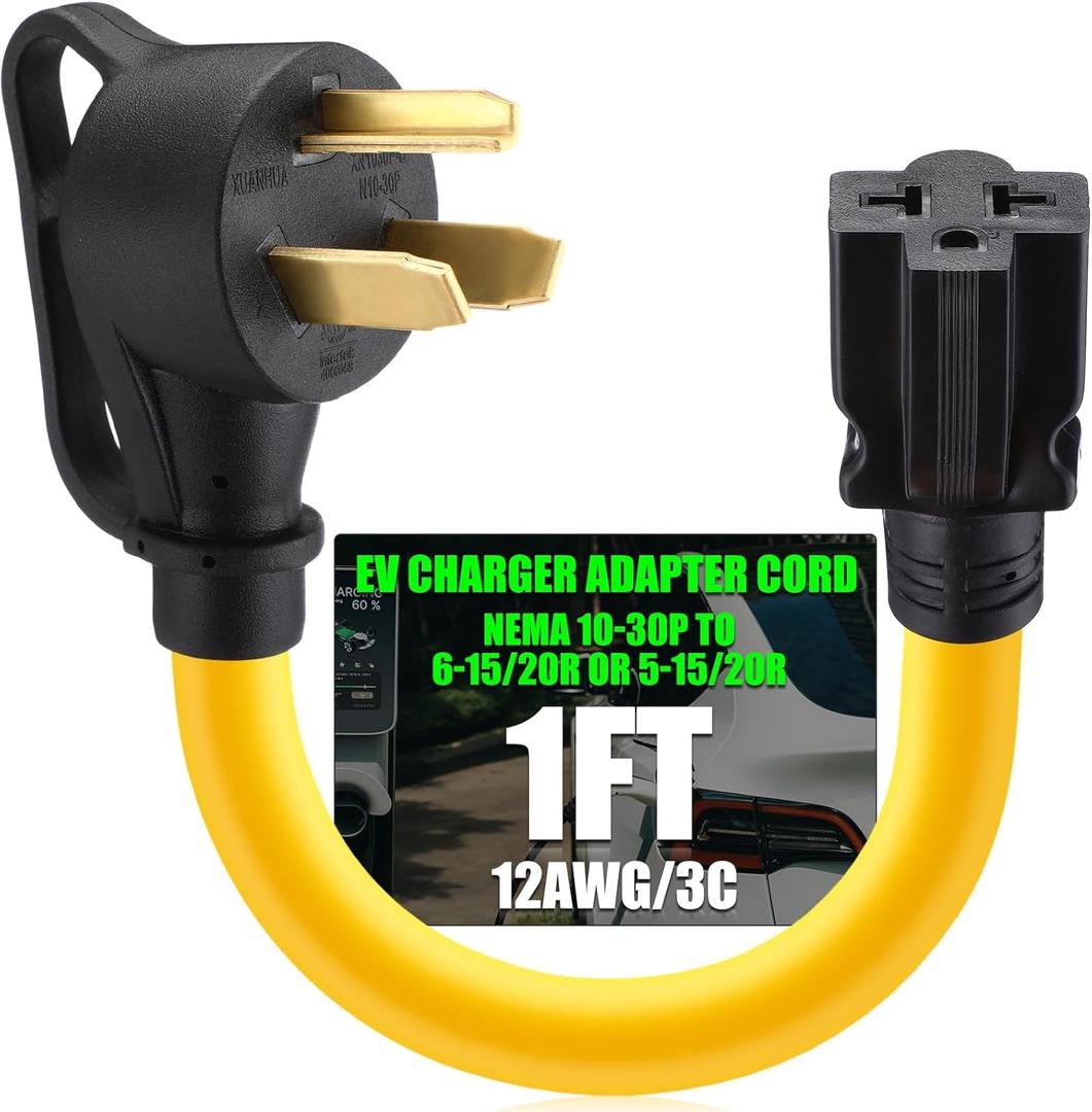Tellegloww 30 Amp to 20 Amp Dryer to EV Charger Adapter NEMA 10-30P to 5-15/20R or 6-15/20R, 30Amp 3 Prong Dryer Plug 10-30P to 240V 5-15/20R or 6-15/20R T-Blade for EV Charging